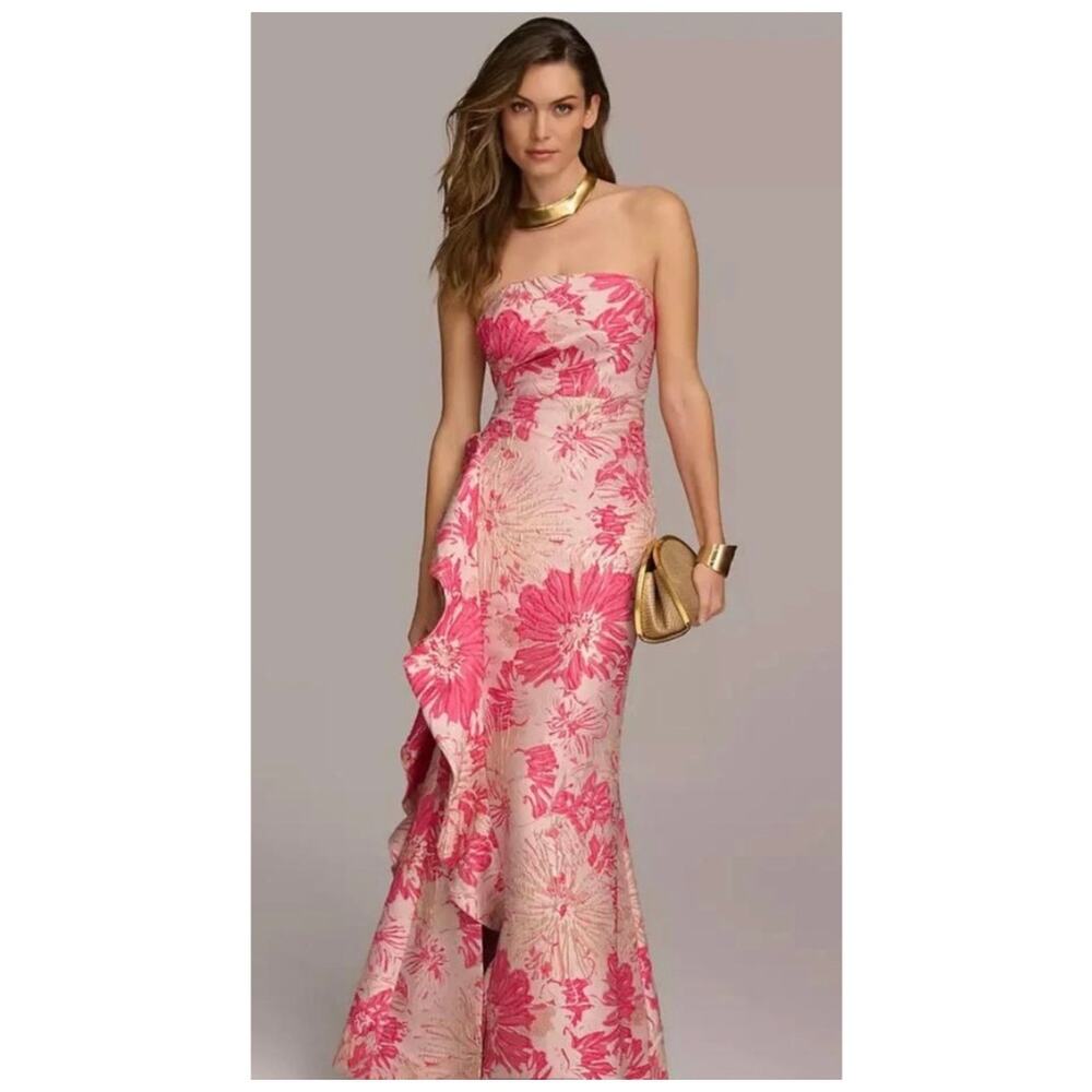 Donna Karan Strapless Floral Gown in Pink and Cream - Picture 3 of 6